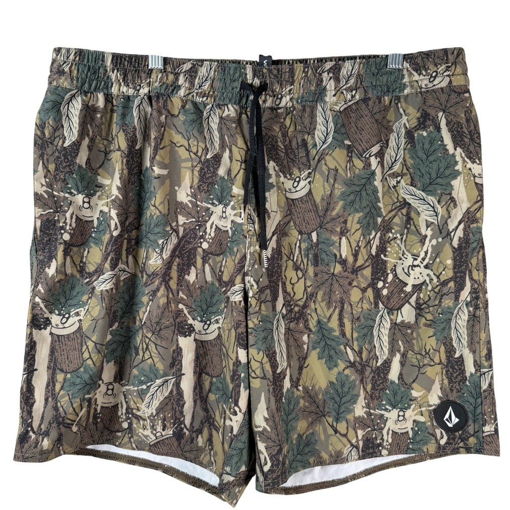 Volcom Mod-Tech Board Shorts Mens XL Green Camo Beer Can Print Swim Trunks